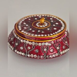 Vintage Red Jeweled Trinket Box with Lid | Rhinestone Glam Jewelry Box | Ornate